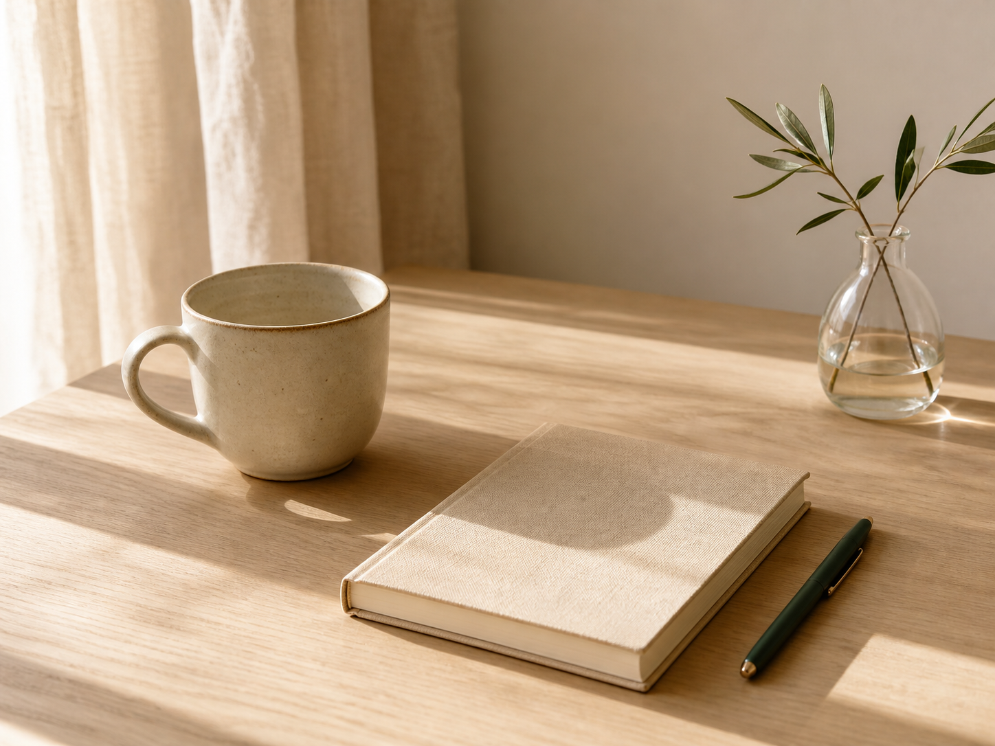 A ceramic cup, clothbound notebook, and pen in warm daylight